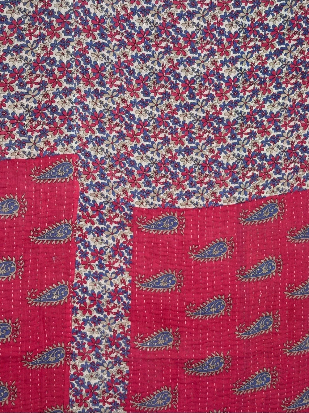 Vintage Handmade Printed Kantha Quilt India Sari Throw Blanket Twin 52x80